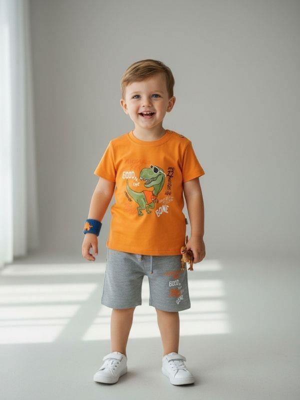 Erkek Çocuk Pamuklu Dinozor Baskılı Şortlu Takım