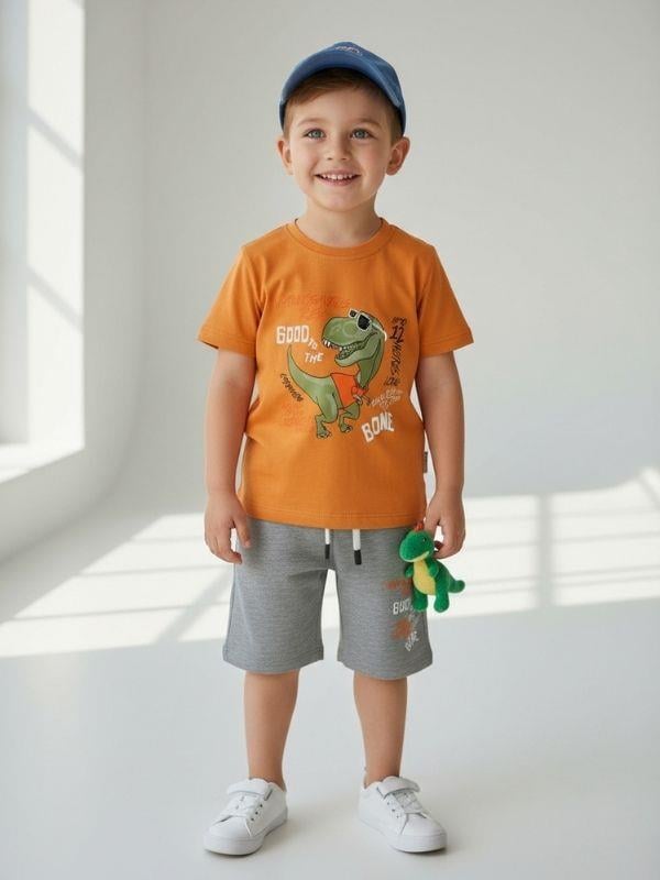 Erkek Çocuk Pamuklu Dinozor Baskılı Şortlu Takım