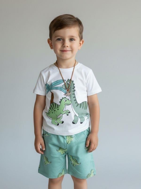 Erkek Çocuk Pamuklu Dinozor Baskılı Şortlu Takım