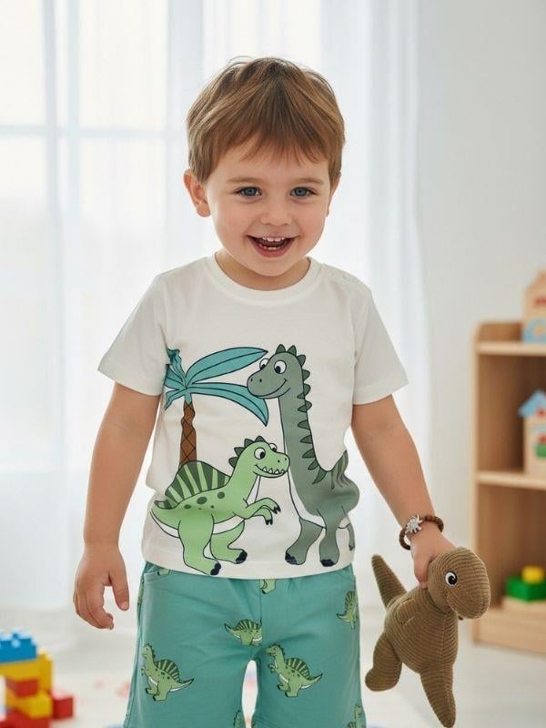Erkek Çocuk Pamuklu Dinozor Baskılı Şortlu Takım