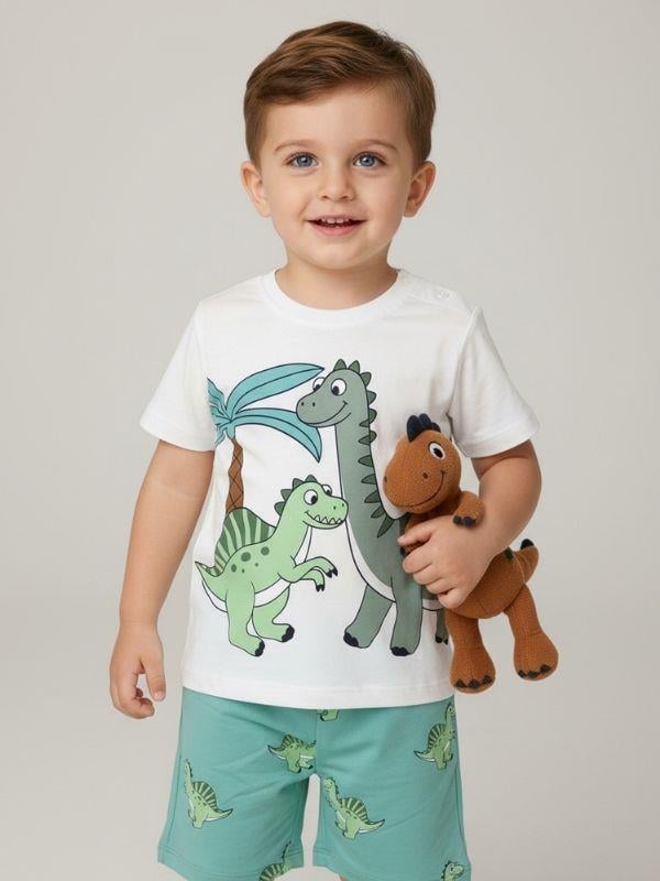 Erkek Çocuk Pamuklu Dinozor Baskılı Şortlu Takım