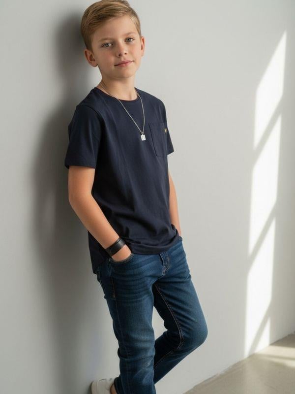 Erkek Çocuk Pamuklu Düz Renk Tek Cepli Kısa Kollu Basic T-shirt