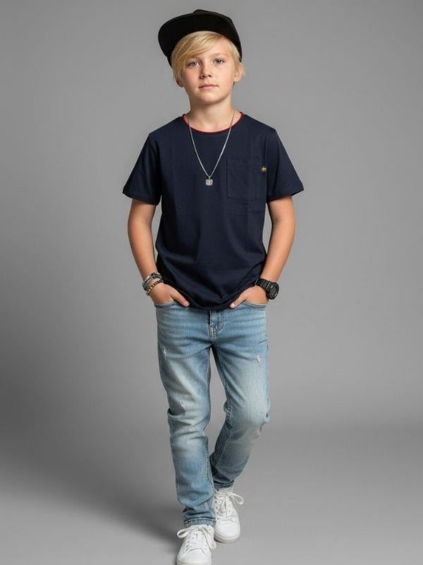 Erkek Çocuk Pamuklu Düz Renk Tek Cepli Kısa Kollu Basic T-shirt