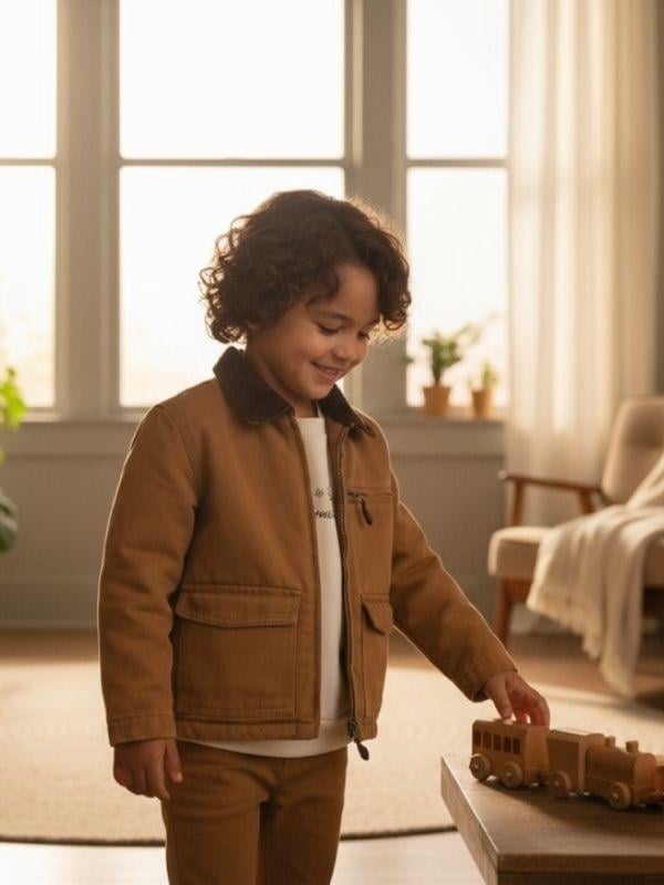 Erkek Çocuk Pamuklu Fitilli Yaka Detaylı Astarlı Cepli Mevsimlik Ceket