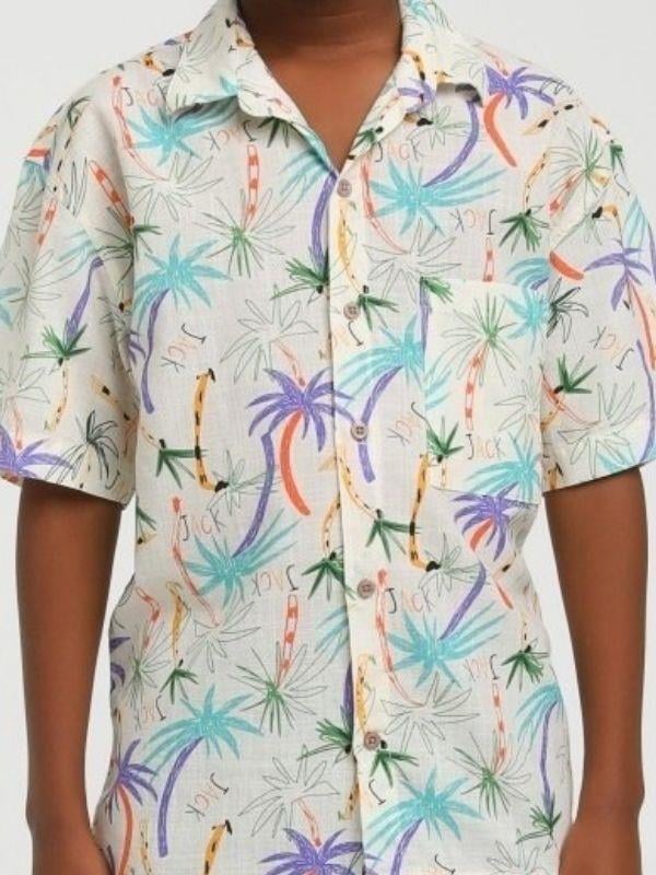 Erkek Çocuk Pamuklu Kısa Kol Renkli Yaprak Baskılı Gömlek