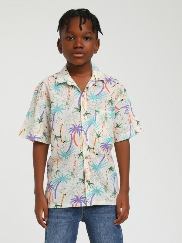 Erkek Çocuk Pamuklu Kısa Kol Renkli Yaprak Baskılı Gömlek