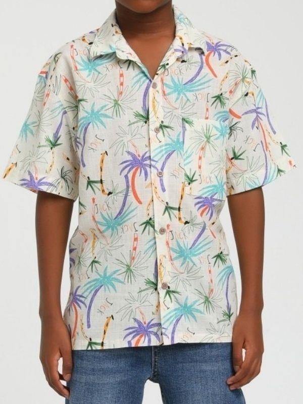 Erkek Çocuk Pamuklu Kısa Kol Renkli Yaprak Baskılı Gömlek