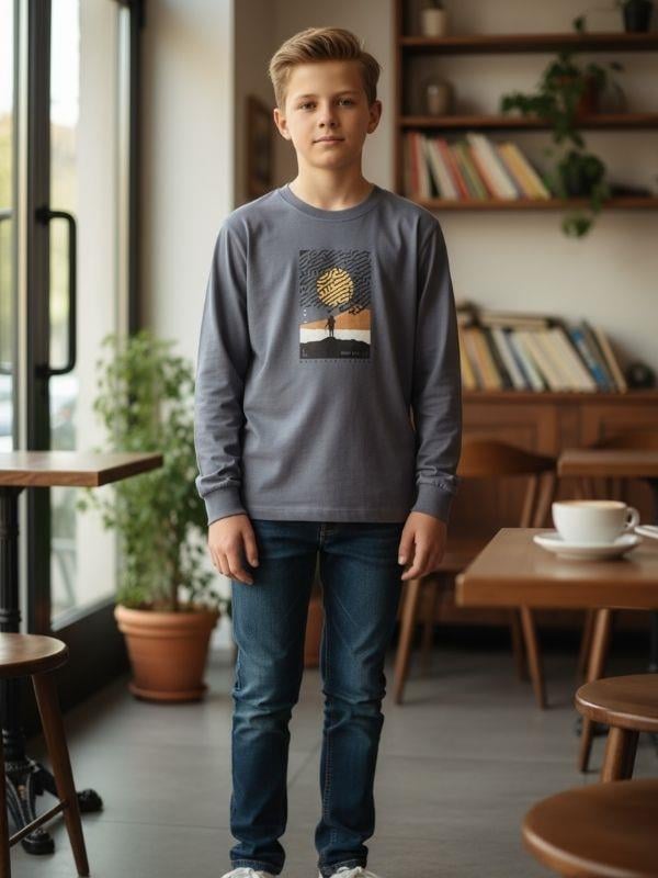 Erkek Çocuk Pamuklu Manzara Baskılı İnce Uzun Kollu Sweatshirt