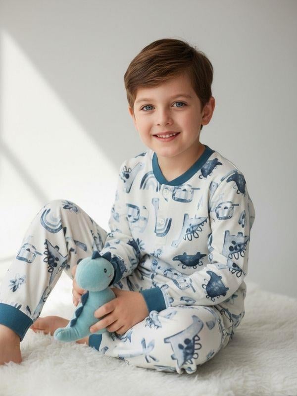 Erkek Çocuk Pamuklu Safari Desenli Çıtçıtlı Pijama Takımı