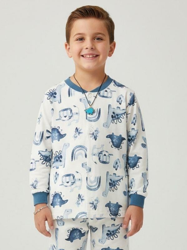 Erkek Çocuk Pamuklu Safari Desenli Çıtçıtlı Pijama Takımı