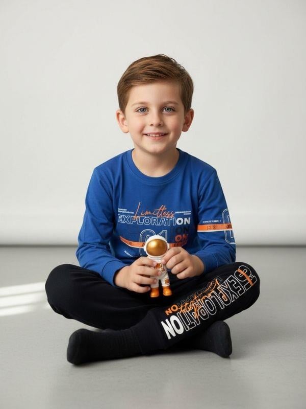 Erkek Çocuk Pamuklu Yazı Baskılı Pijama Takımı