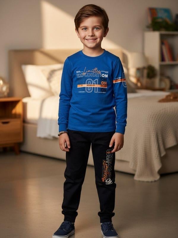 Erkek Çocuk Pamuklu Yazı Baskılı Pijama Takımı