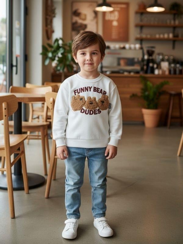 Erkek Çocuk Peluş Ayıcık İşlemeli Sweatshirt