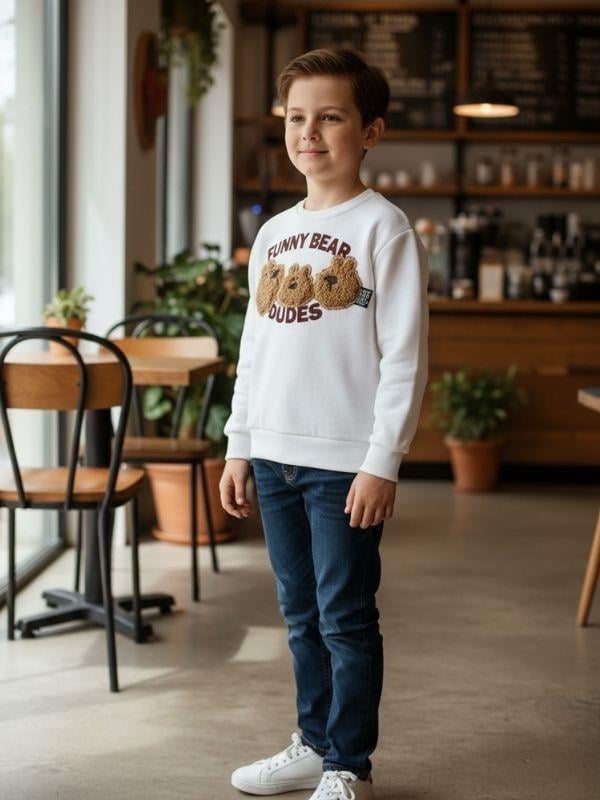 Erkek Çocuk Peluş Ayıcık İşlemeli Sweatshirt
