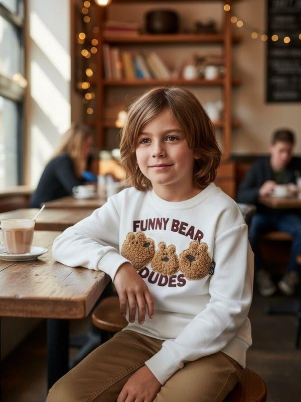 Erkek Çocuk Peluş Ayıcık İşlemeli Sweatshirt