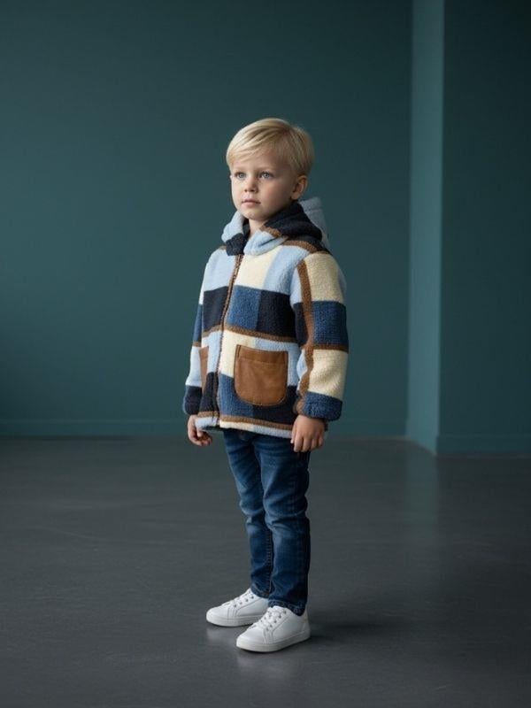 Erkek Çocuk Peluş Ekose Desenli Kapüşonlu Mont