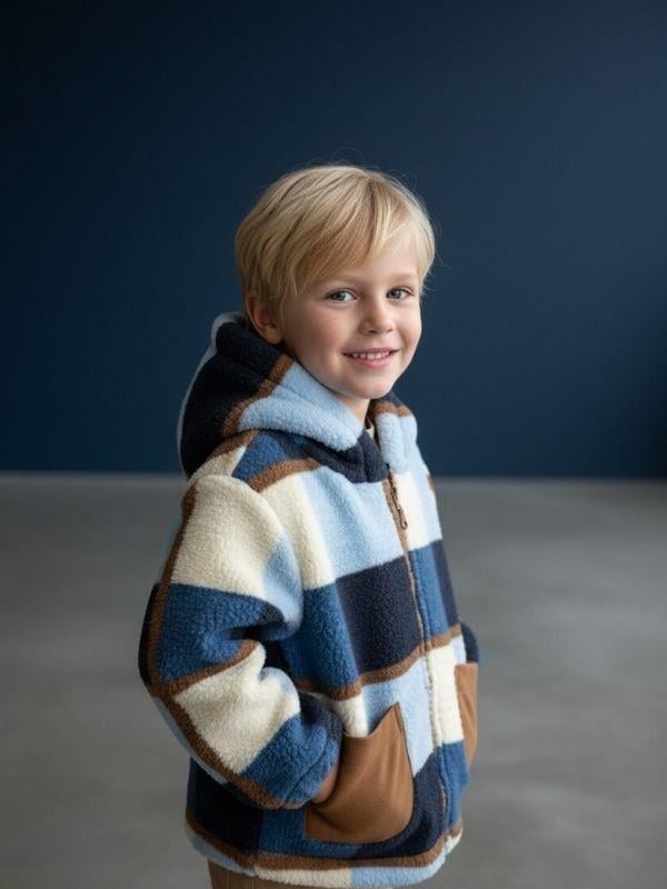 Erkek Çocuk Peluş Ekose Desenli Kapüşonlu Mont