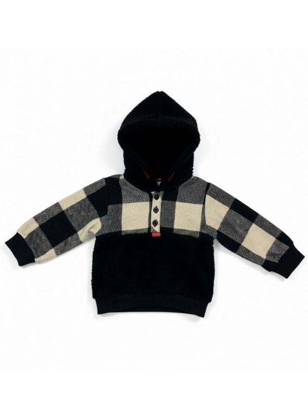 Erkek Çocuk Sırt Baskılı Ekose Desen Düğmeli Peluş Sweat