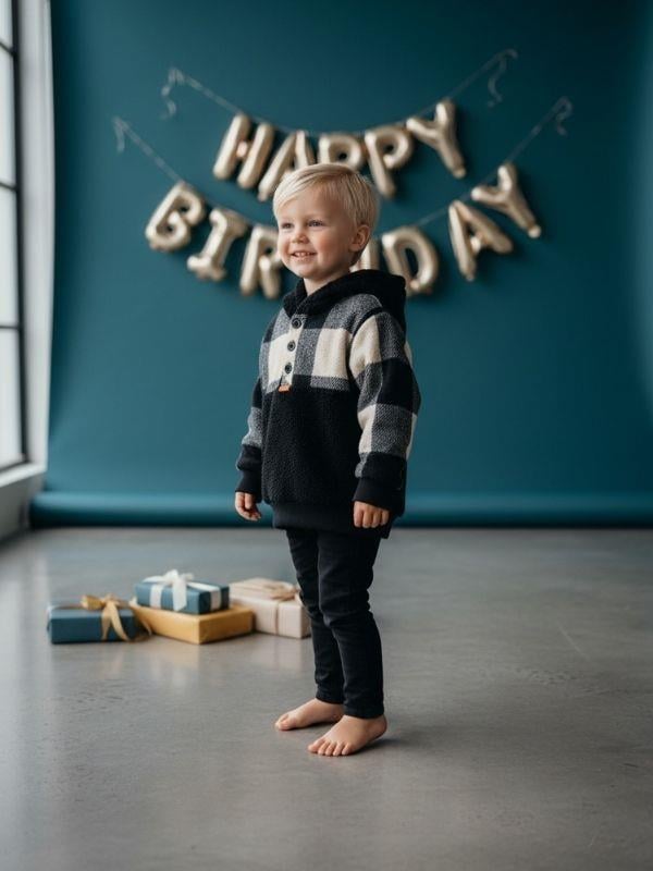 Erkek Çocuk Sırt Baskılı Ekose Desen Düğmeli Peluş Sweat