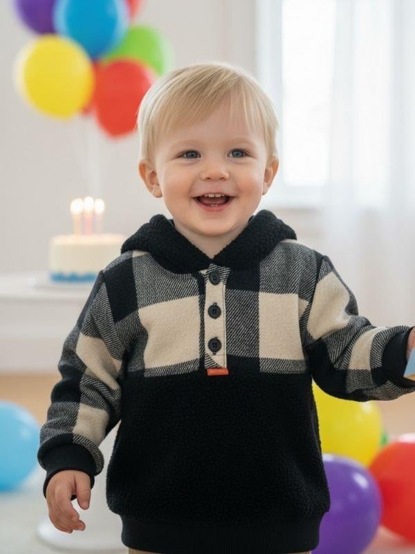 Erkek Çocuk Sırt Baskılı Ekose Desen Düğmeli Peluş Sweat