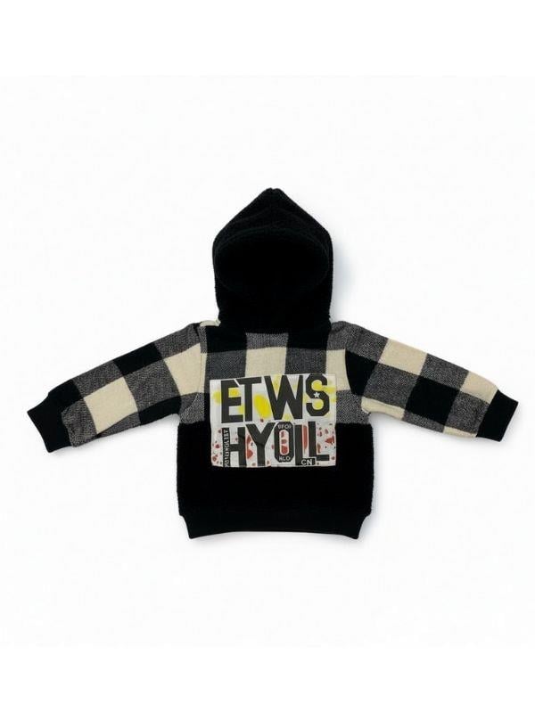 Erkek Çocuk Sırt Baskılı Ekose Desen Düğmeli Peluş Sweat