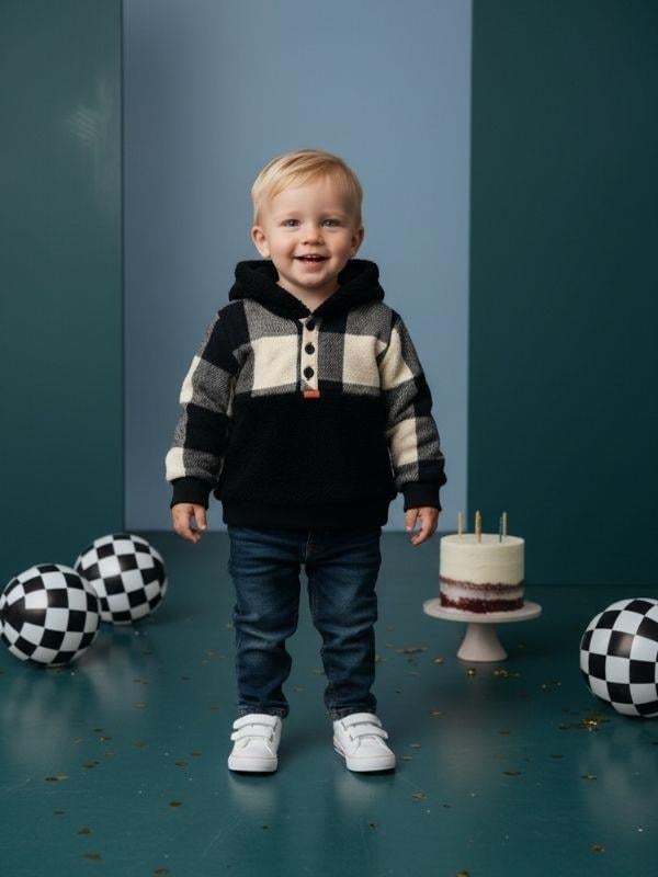 Erkek Çocuk Sırt Baskılı Ekose Desen Düğmeli Peluş Sweat