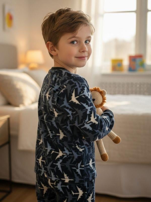 Erkek Çocuk Uçak Polar Desenli Pijama Takımı