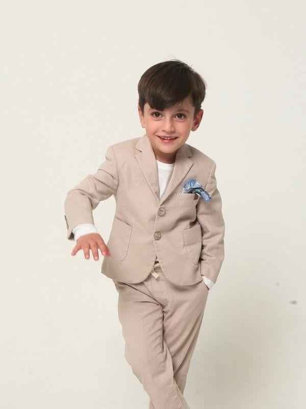 Erkek Çocuk Yaka Mendil Detaylı 3lü Keten Pantolonlu Takım