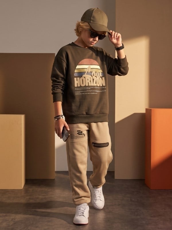 Erkek Çocuk Yazı ve Çizgi Baskılı Bisiklet Yaka Sweatshirt