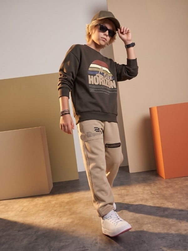 Erkek Çocuk Yazı ve Çizgi Baskılı Bisiklet Yaka Sweatshirt