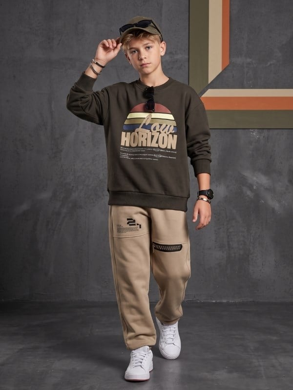 Erkek Çocuk Yazı ve Çizgi Baskılı Bisiklet Yaka Sweatshirt