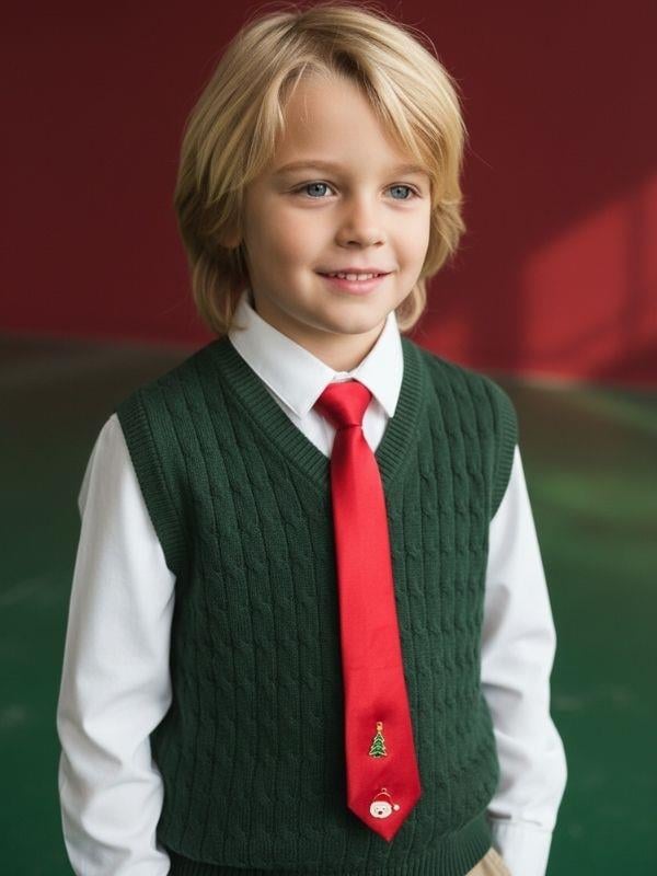 Erkek Çocuk Yılbaşı Temalı Charm Detaylı Kırmızı Saten Kravat