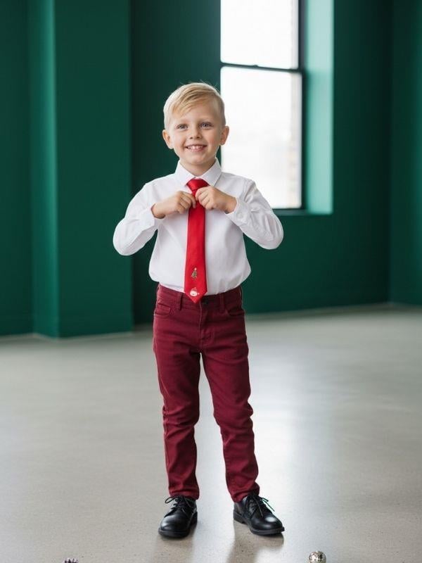 Erkek Çocuk Yılbaşı Temalı Charm Detaylı Kırmızı Saten Kravat