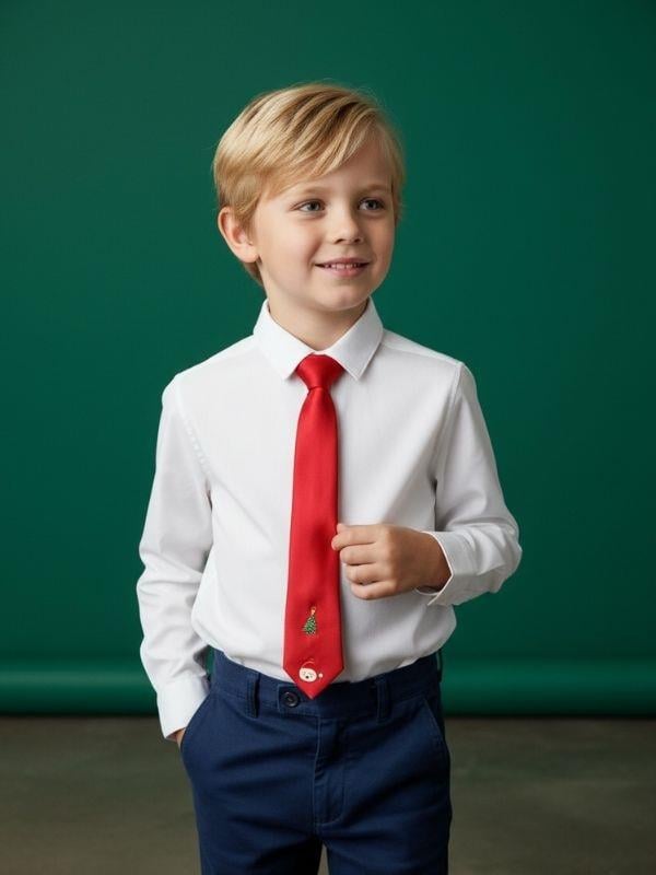 Erkek Çocuk Yılbaşı Temalı Charm Detaylı Kırmızı Saten Kravat