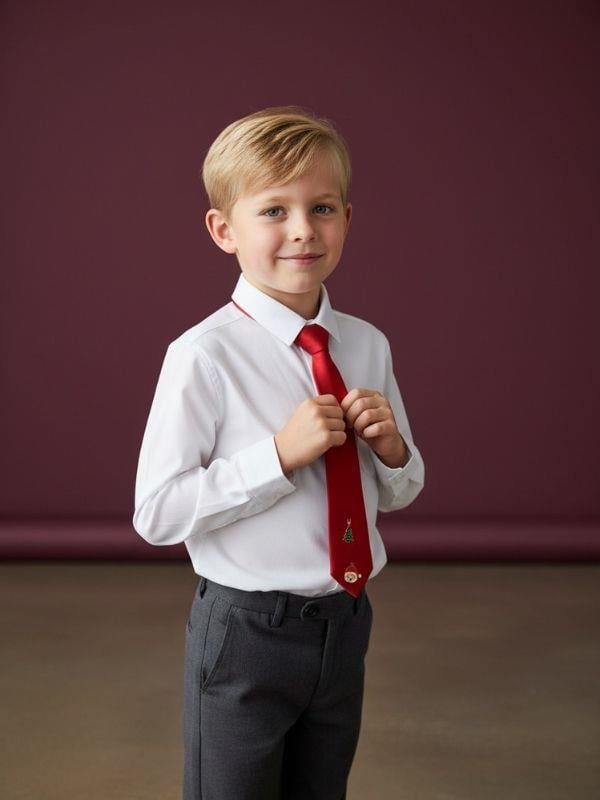 Erkek Çocuk Yılbaşı Temalı Charm Detaylı Kırmızı Saten Kravat