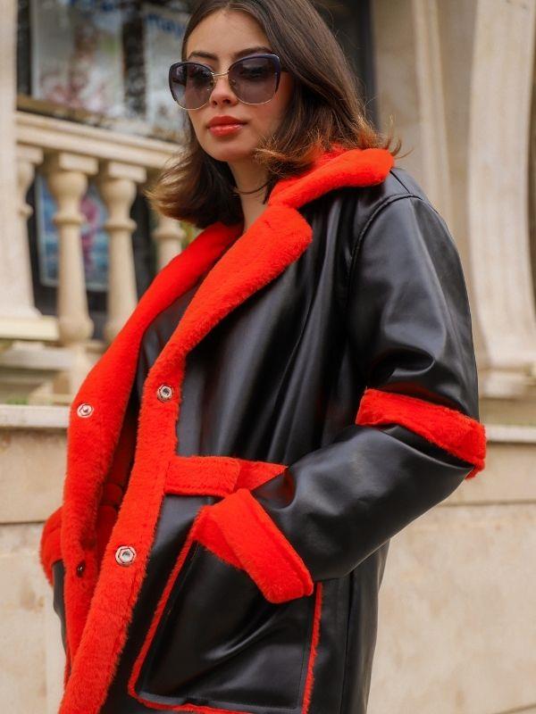 Kadın İçi Turuncu Kürklü Deri Mont