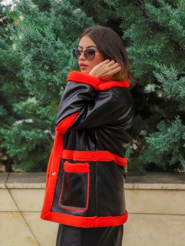 Kadın İçi Turuncu Kürklü Deri Mont