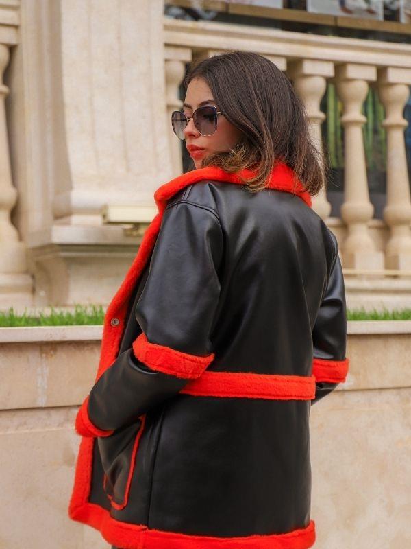 Kadın İçi Turuncu Kürklü Deri Mont