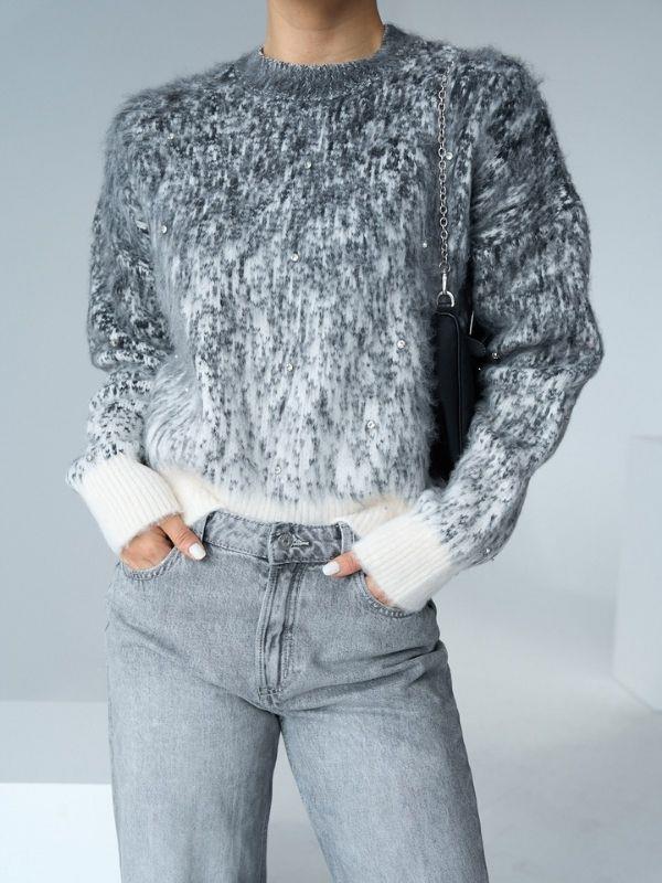 Kadın İki Renk Kalın Taşlı Kazak