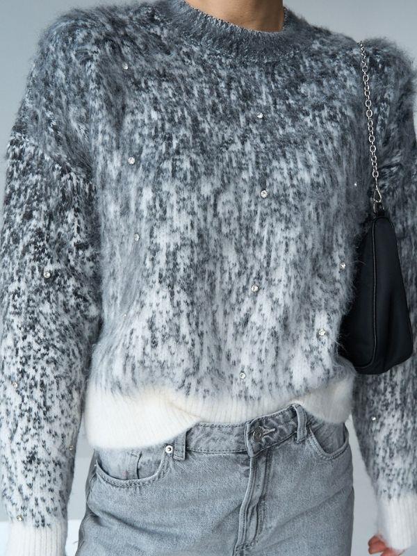 Kadın İki Renk Kalın Taşlı Kazak