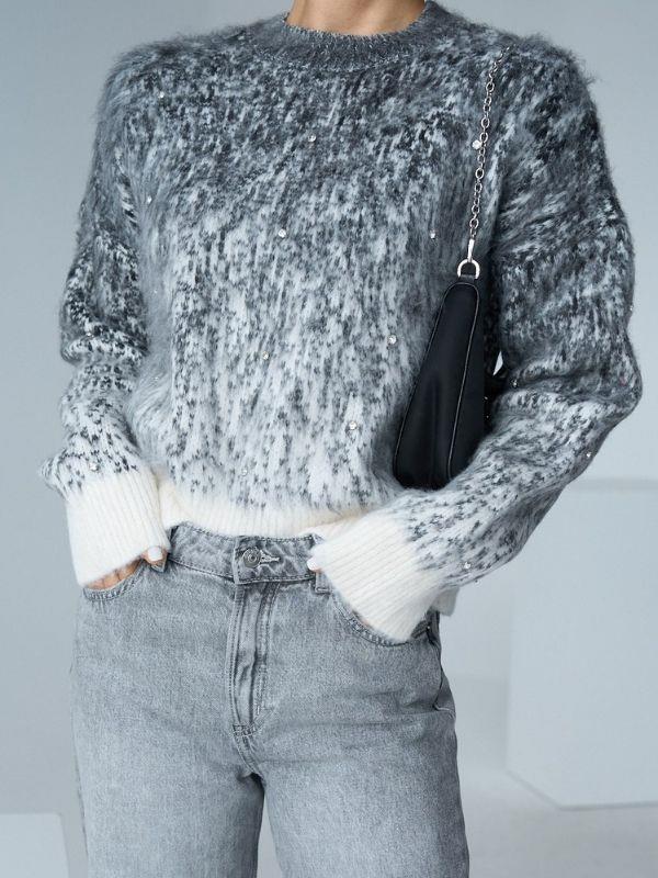 Kadın İki Renk Kalın Taşlı Kazak