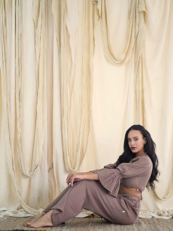 Kadın Müslin Kumaş Uzun Kollu Bağlamalı Bluz