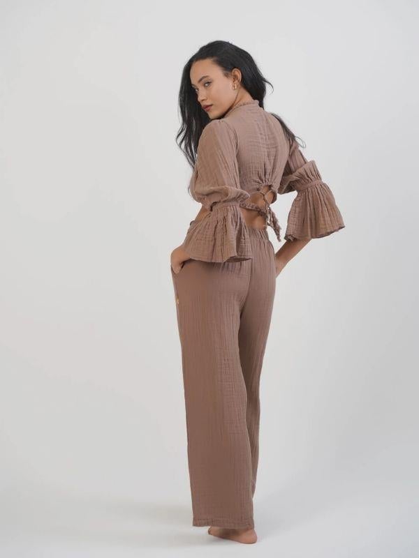 Kadın Müslin Kumaş Uzun Kollu Bağlamalı Bluz