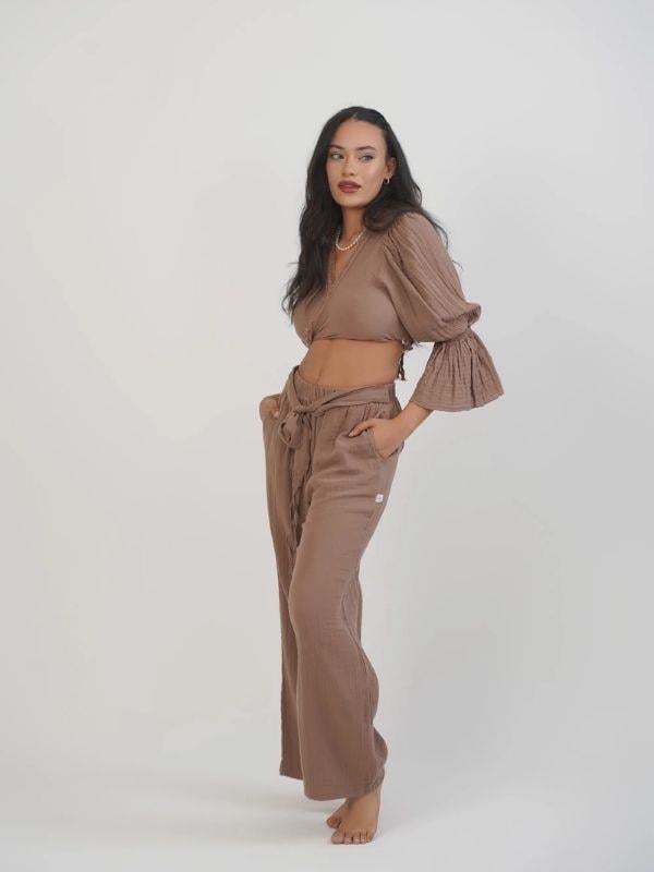 Kadın Müslin Kumaş Uzun Kollu Bağlamalı Bluz