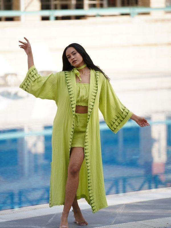 Kadın Müslin Kumaş Uzun Kollu Kapüşonlu Tasarım Desenli Kimono