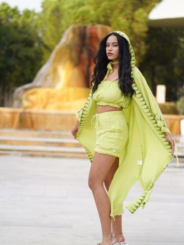 Kadın Müslin Kumaş Uzun Kollu Kapüşonlu Tasarım Desenli Kimono