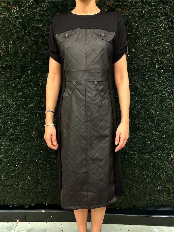 Kadın Önü Arkası Deri Detaylı Midi Boy Elbise