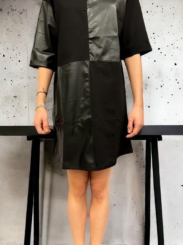 Kadın Önü Deri Parça Detaylı Pamuklu Elbise