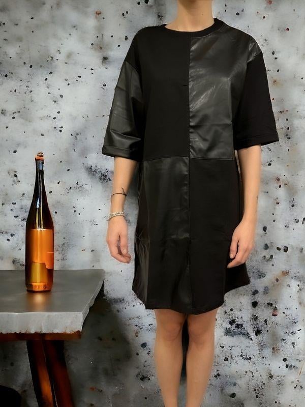 Kadın Önü Deri Parça Detaylı Pamuklu Elbise