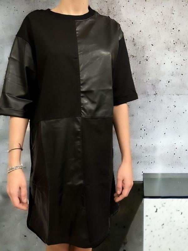 Kadın Önü Deri Parça Detaylı Pamuklu Elbise